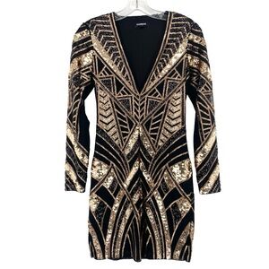 Express Black and Gold Sequin Bodycon Dress Long Sleeve Evening Cocktail Small
